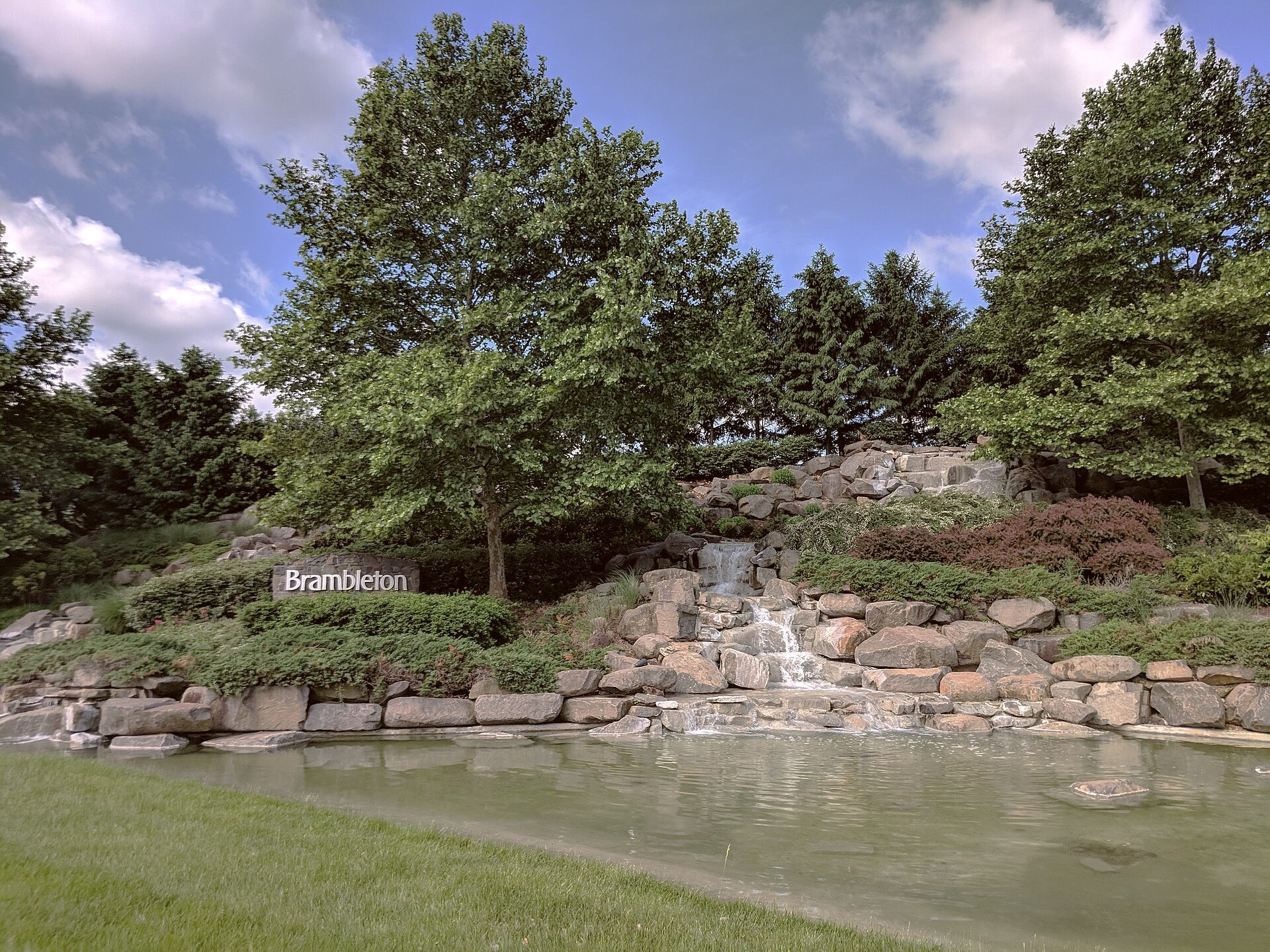 The landscaped entrance waterfall at Brambleton